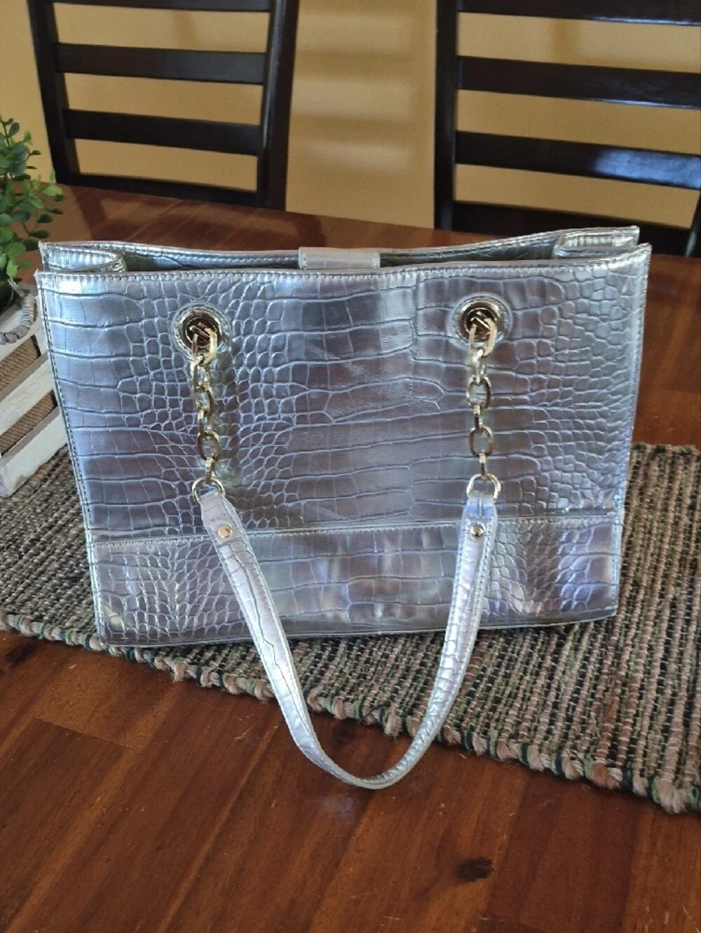Anne Klein Metallic Silver Croc-Embossed Tote with Gold Accents